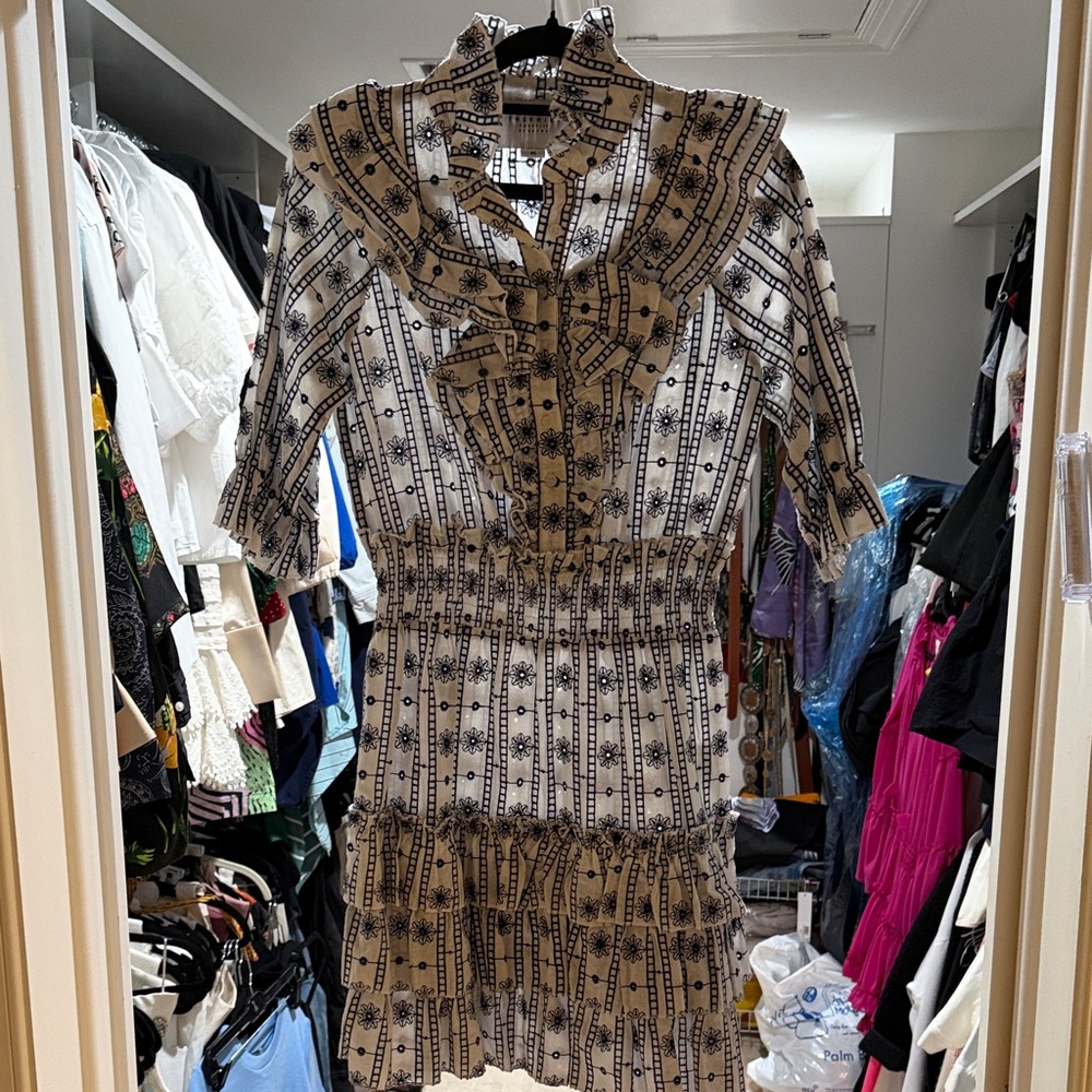 The Shirt by Rochelle Behrens Black and Cream Patterned Ruffle-Trim Midi Dress